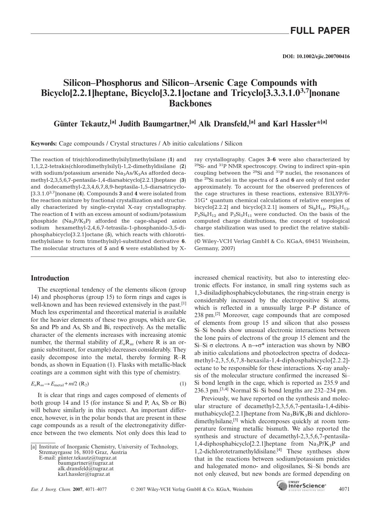 Silicon-Phosphorus and Silicon-Arsenic Cage Compounds with Bicyclo[2.2.1]heptane, Bicyclo[3.2.1]octane and Tricyclo[3.3.3.1.03,7]nonane Backbones by Unknown