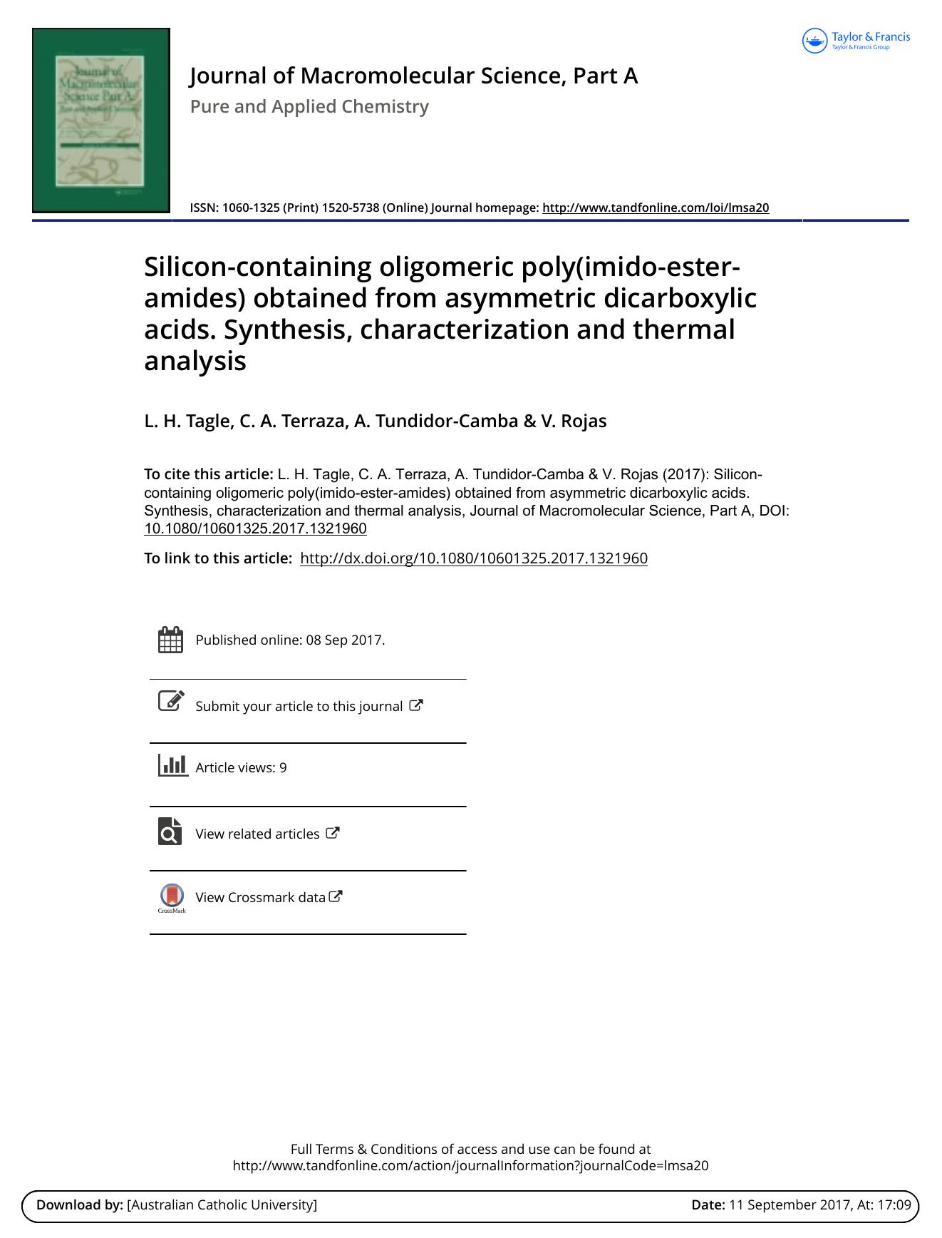 Silicon-containing oligomeric poly\(imido-ester-amides\) obtained from asymmetric dicarboxylic acids. Synthesis, characterization and thermal analysis by L. H. Tagle & C. A. Terraza & A. Tundidor-Camba & V. Rojas