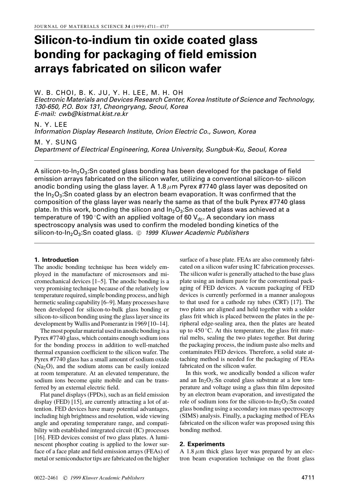 Silicon-to-indium tin oxide coated glass bonding for packaging of field emission arrays fabricated on silicon wafer by Unknown