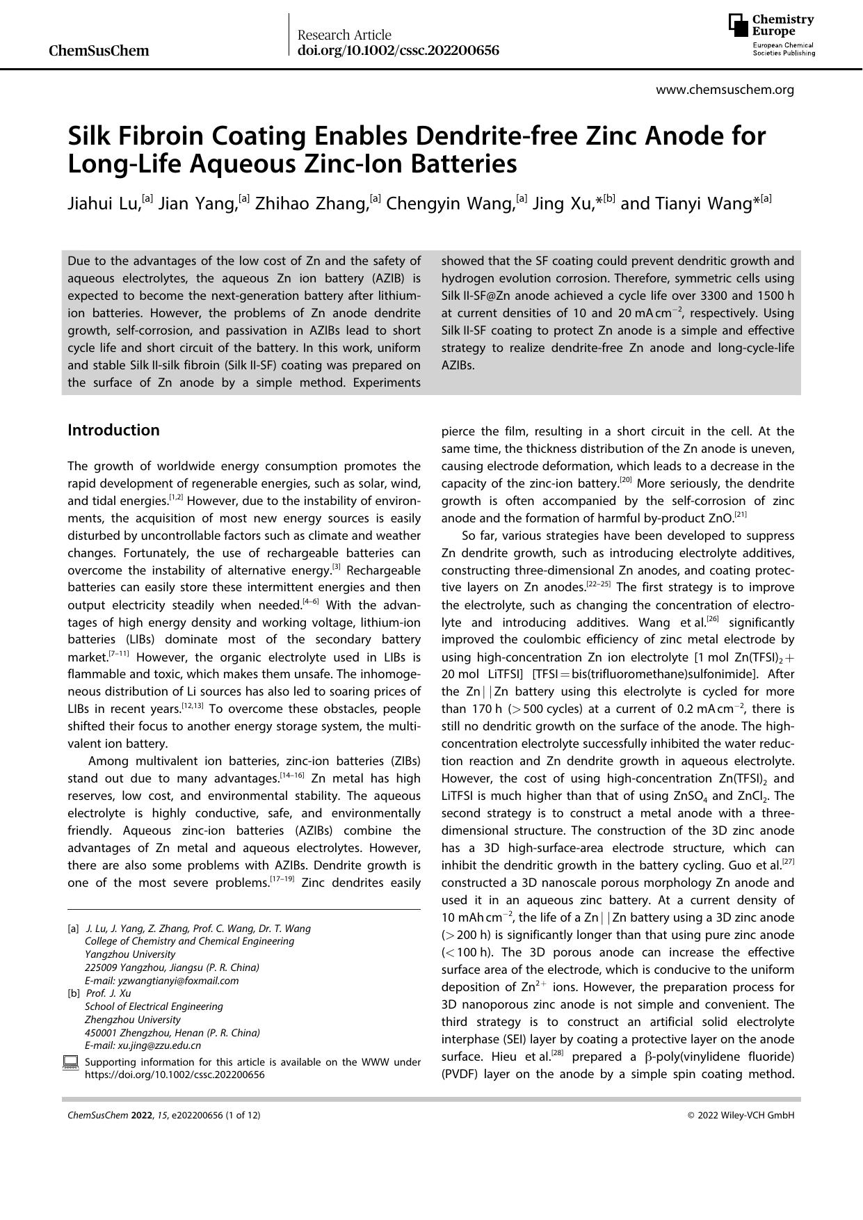 Silk Fibroin Coating Enables Dendriteâfree Zinc Anode for LongâLife Aqueous ZincâIon Batteries by Unknown