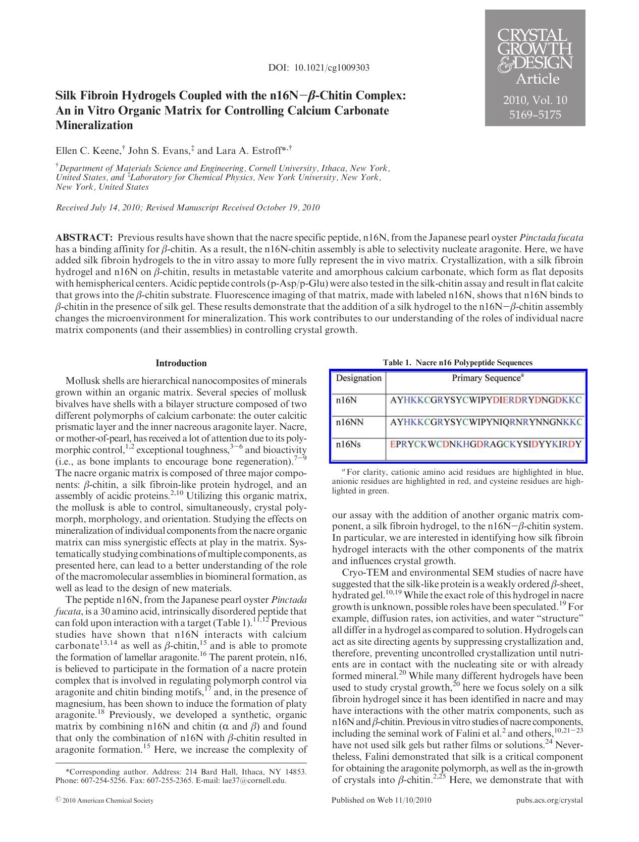 Silk Fibroin Hydrogels Coupled with the n16N-Chitin Complex: An in Vitro Organic Matrix for Controlling Calcium Carbonate Mineralization by Unknown