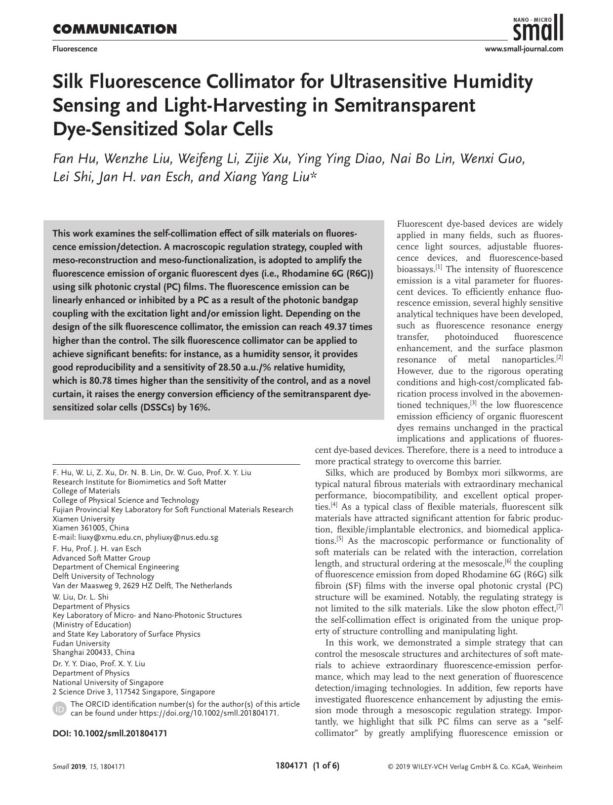 Silk Fluorescence Collimator for Ultrasensitive Humidity Sensing and Light‐Harvesting in Semitransparent Dye‐Sensitized Solar Cells by Unknown
