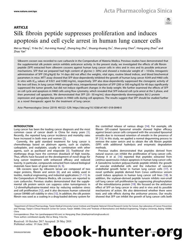 Silk fibroin peptide suppresses proliferation and induces apoptosis and cell cycle arrest in human lung cancer cells by unknow