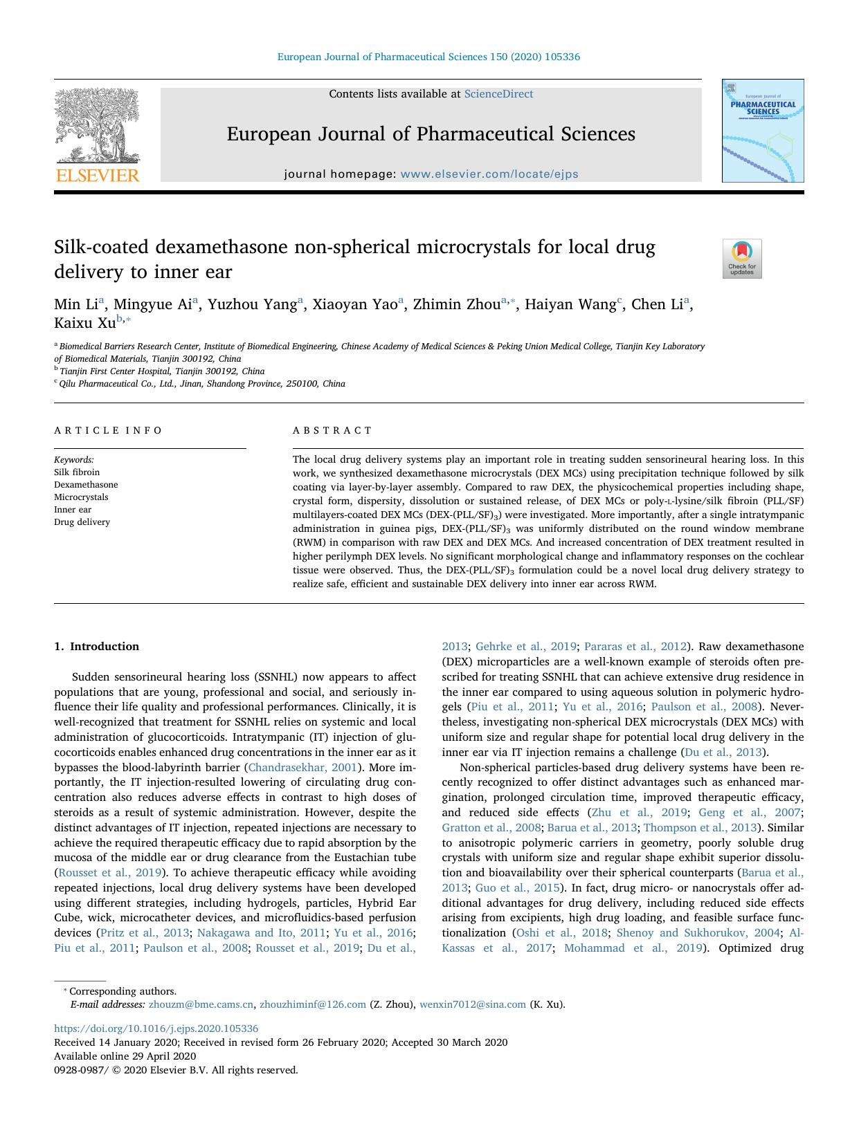 Silk-coated dexamethasone non-spherical microcrystals for local drug delivery to inner ear by Min Li & Mingyue Ai & Yuzhou Yang & Xiaoyan Yao & Zhimin Zhou & Haiyan Wang & Chen Li & Kaixu Xu
