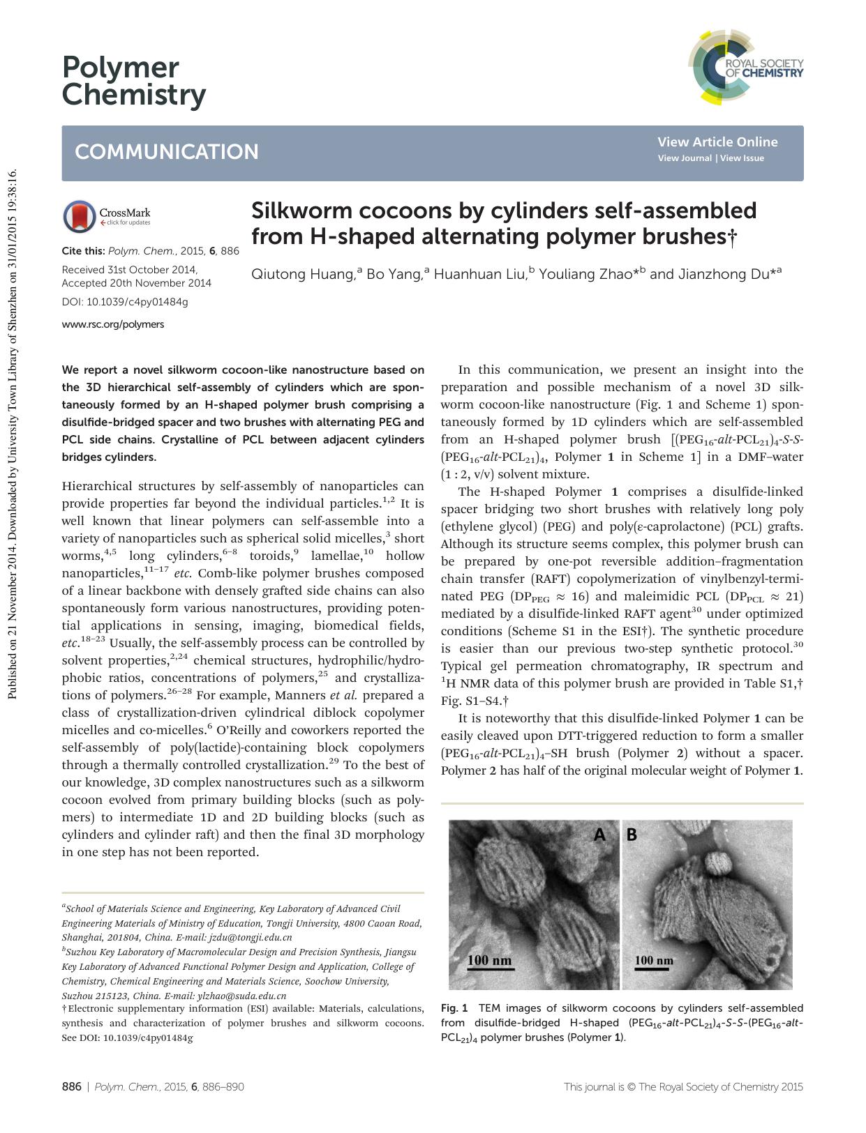 Silkworm cocoons by cylinders self-assembled from H-shaped alternating polymer brushes by Qiutong Huang Bo Yang Huanhuan Liu Youliang Zhao Jianzhong Du