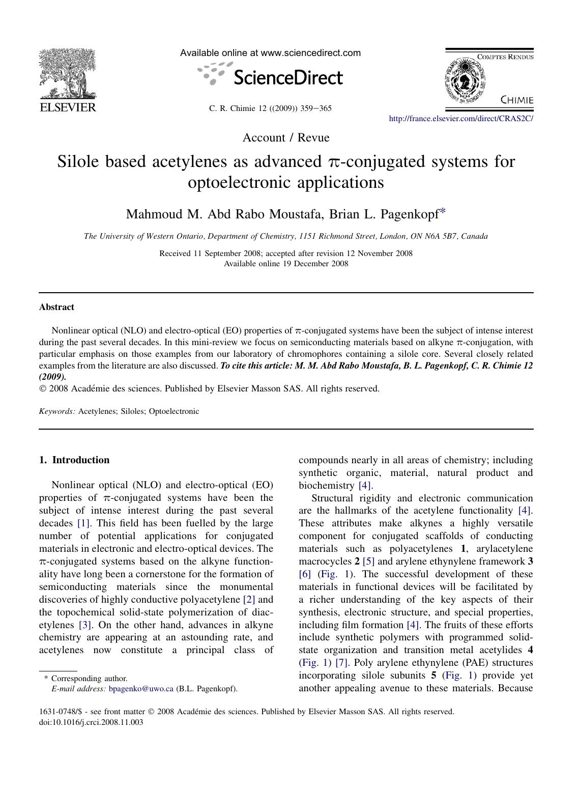 Silole based acetylenes as advanced &pi;-conjugated systems for optoelectronic applications by Mahmoud M. Abd Rabo Moustafa; Brian L. Pagenkopf