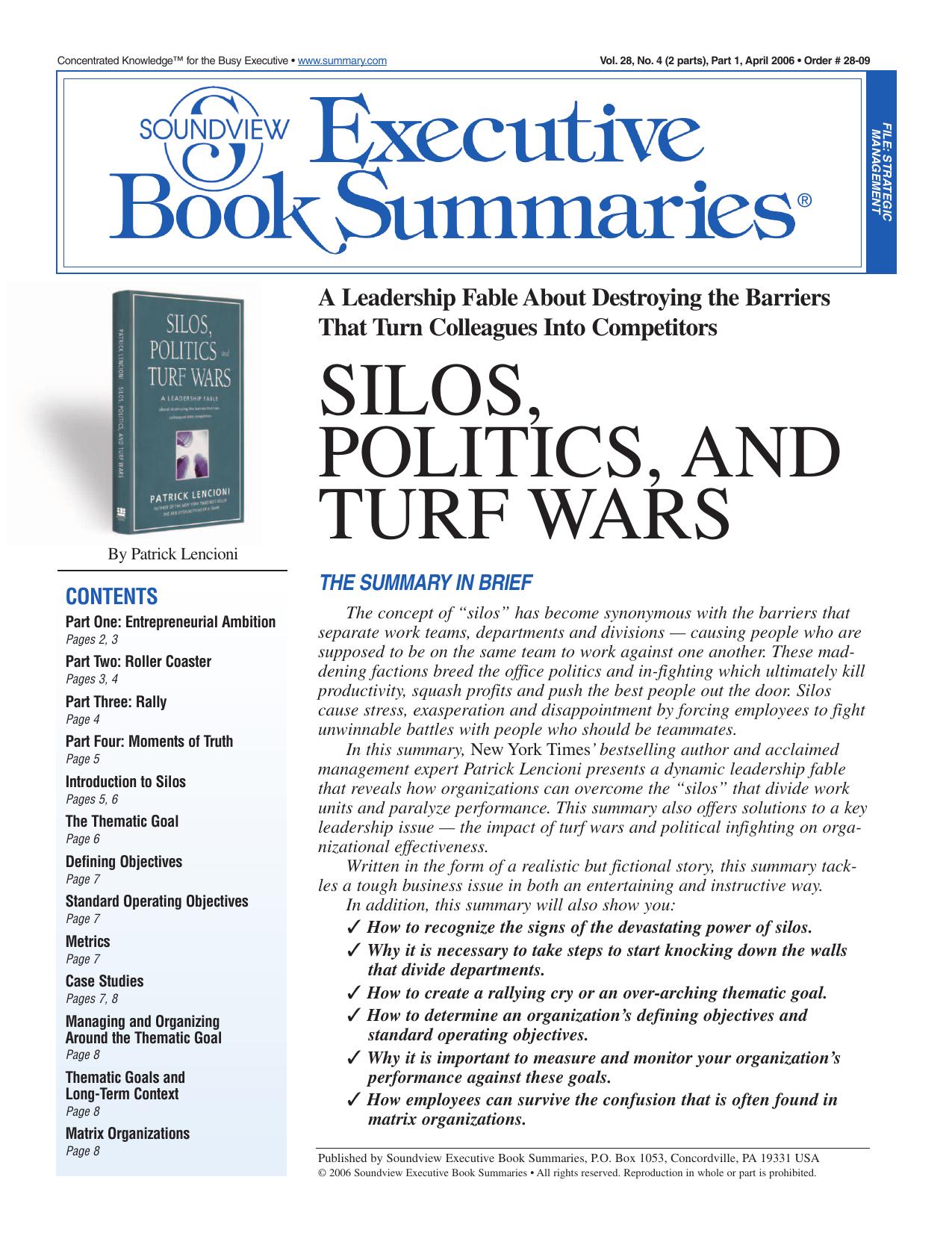 Silos, Politics, And Turf Wars by Patrick Lencioni