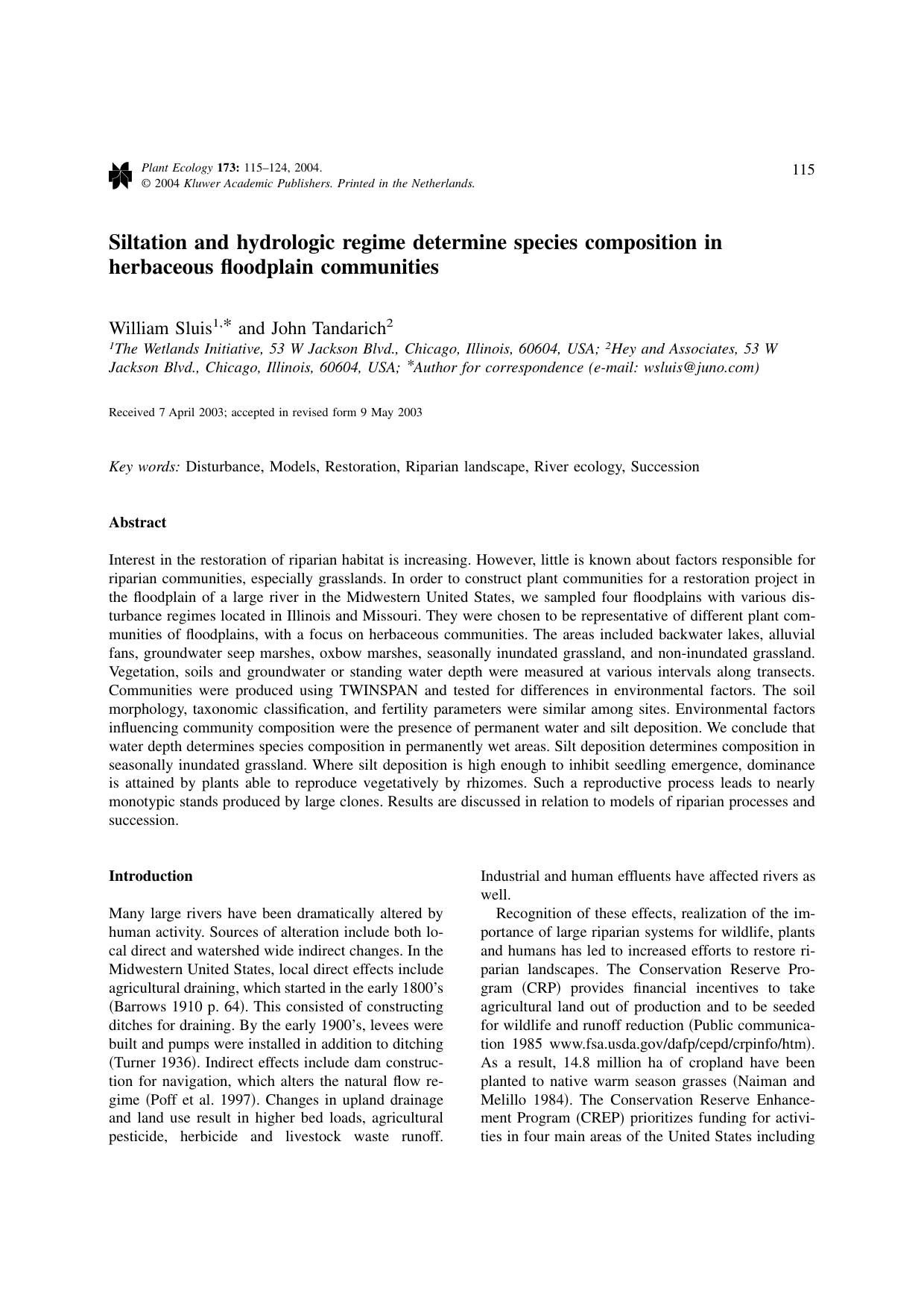 Siltation and hydrologic regime determine species composition in herbaceous floodplain communities by Unknown