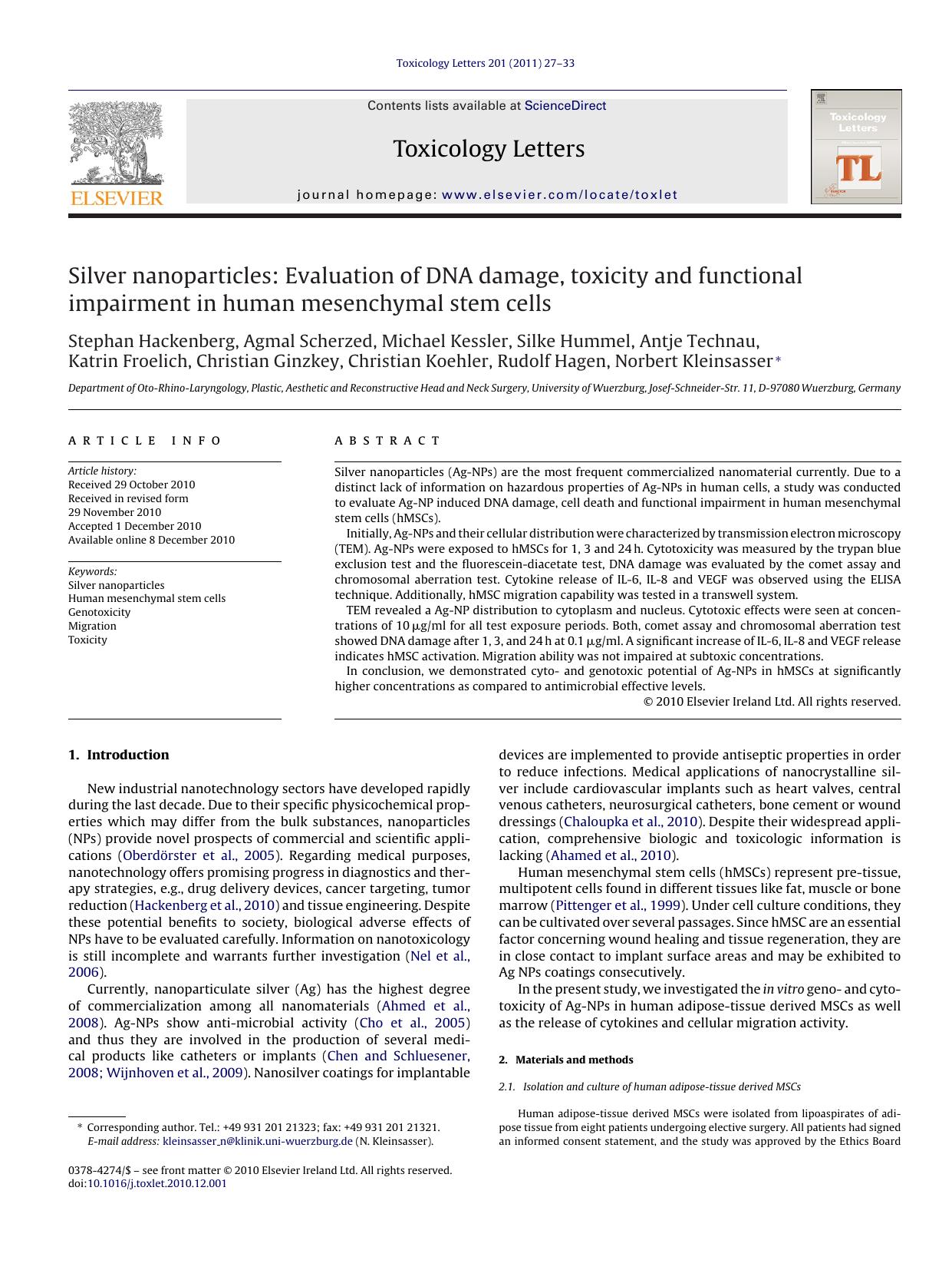 Silver nanoparticles: Evaluation of DNA damage, toxicity and functional impairment in human mesenchymal stem cells by Stephan Hackenberg