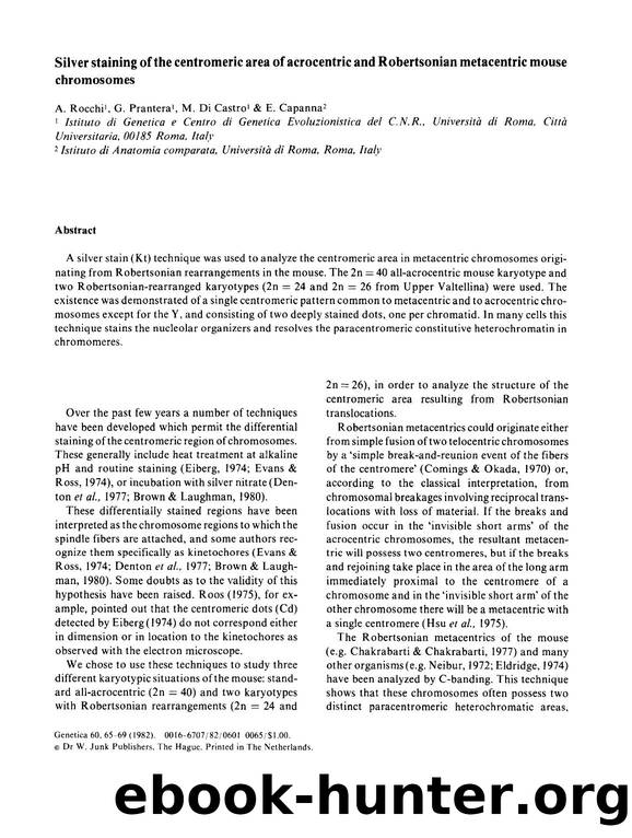 Silver staining of the centromeric area of acrocentric and Robertsonian metacentric mouse chromosomes by Unknown