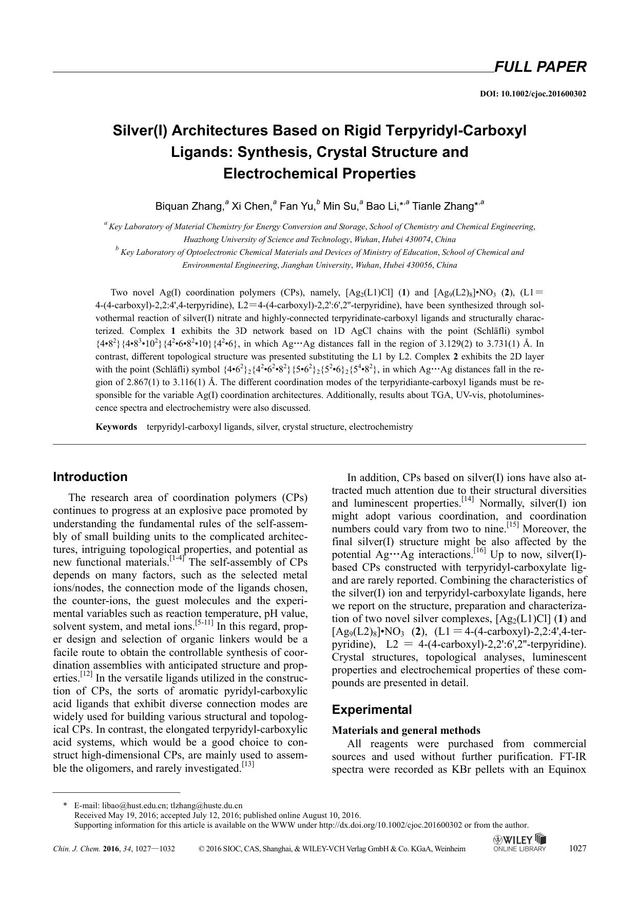 Silver(I) Architectures Based on Rigid TerpyridylCarboxyl Ligands: Synthesis, Crystal Structure and Electrochemical Properties by lenovo