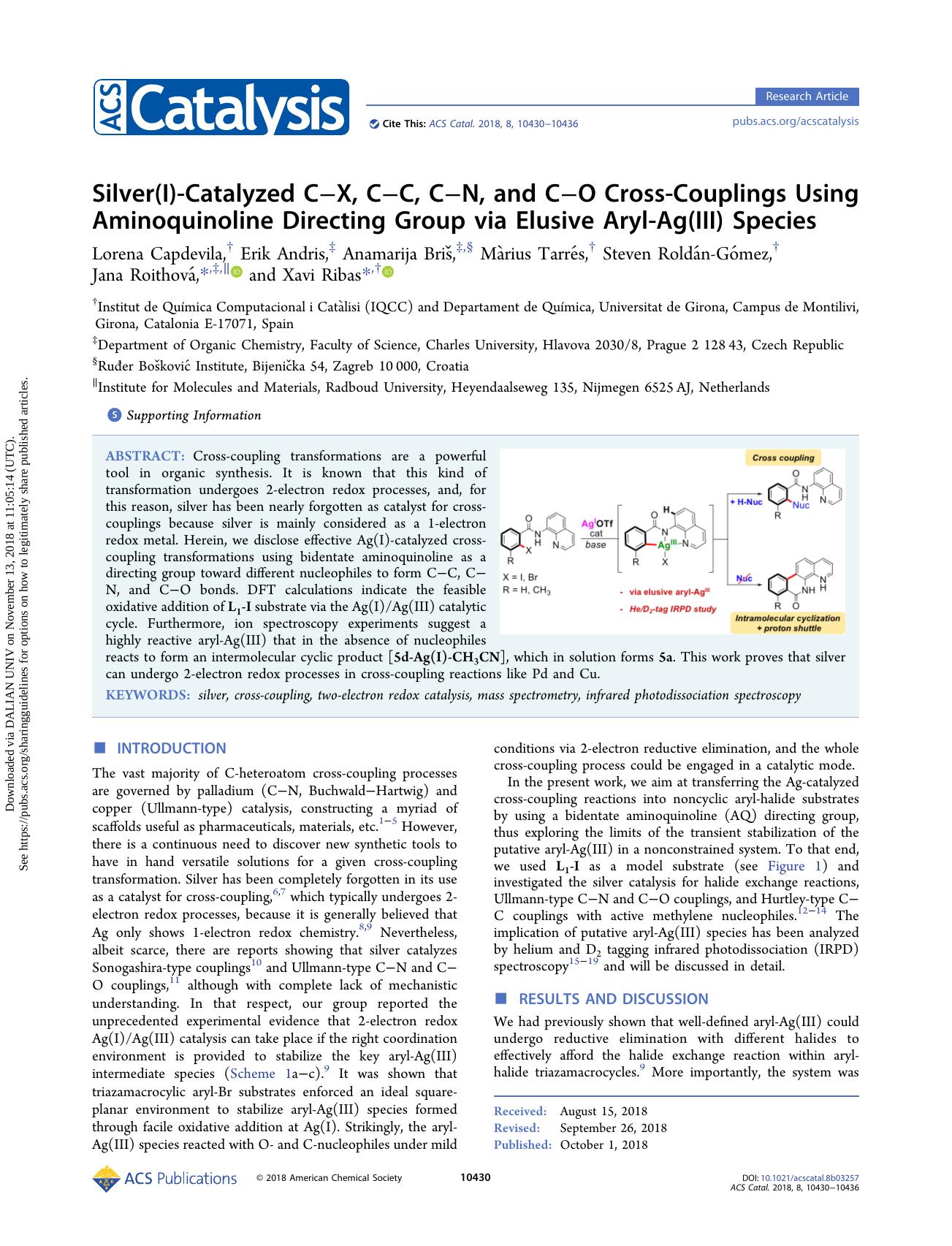 Silver(I)-Catalyzed CâX, CâC, CâN, and CâO Cross-Couplings Using Aminoquinoline Directing Group via Elusive Aryl-Ag(III) Species by unknow