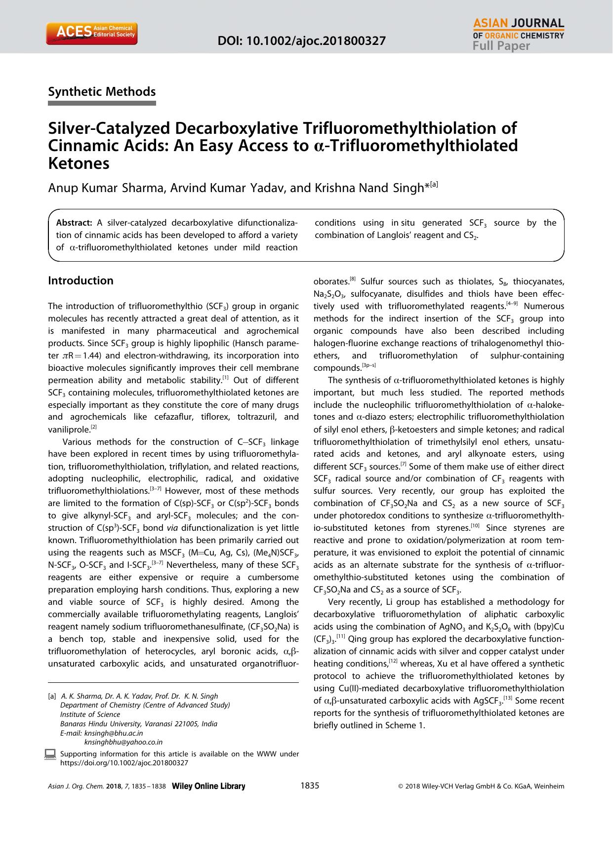 SilverâCatalyzed Decarboxylative Trifluoromethylthiolation of Cinnamic Acids: An Easy Access to Î±âTrifluoromethylthiolated Ketones by Unknown