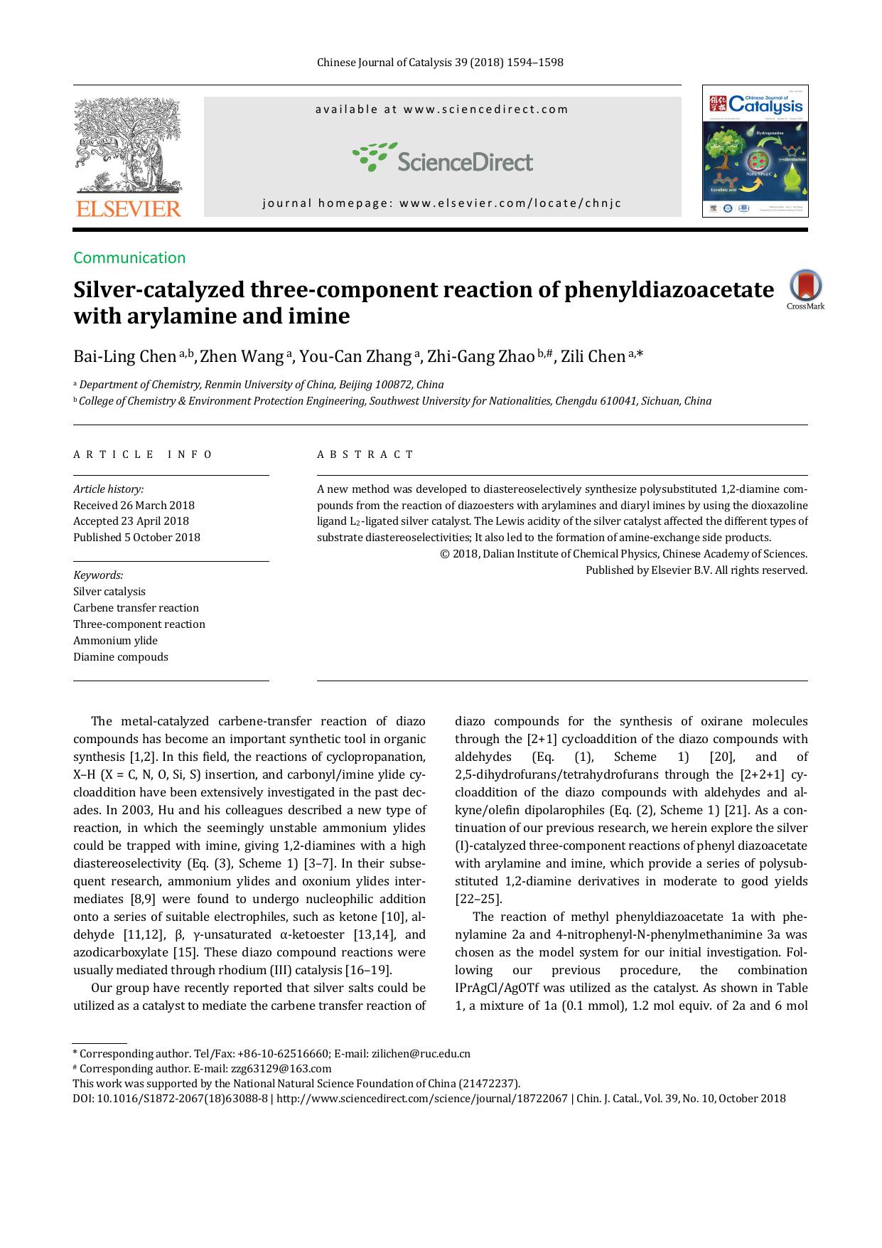 Silver-catalyzed three-component reaction of phenyldiazoacetate with arylamine and imine by Bai-Ling Chen & Zhen Wang & You-Can Zhang & Zhi-Gang Zhao & Zili Chen