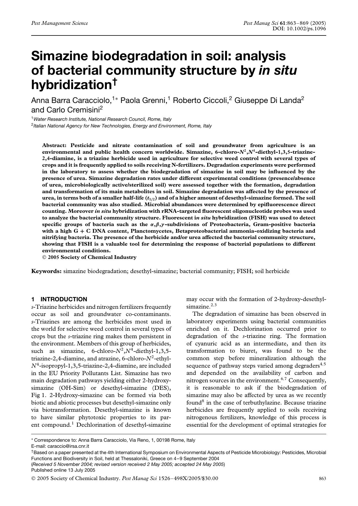 Simazine biodegradation in soil: analysis of bacterial community structure by in situ hybridization by Unknown