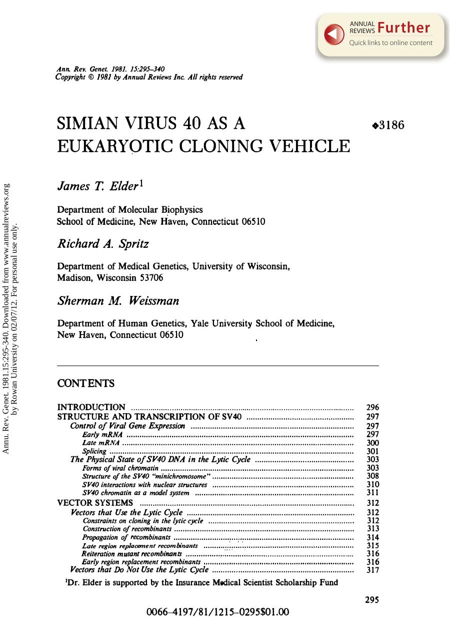 Simian Virus 40 as a Eukaryotic Cloning Vehicle by J T Elder R A Spritz & S M Weissman