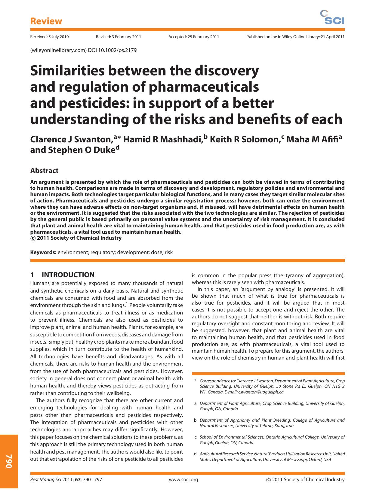 Similarities between the discovery and regulation of pharmaceuticals and pesticides: in support of a better understanding of the risks and benefits of each by Unknown