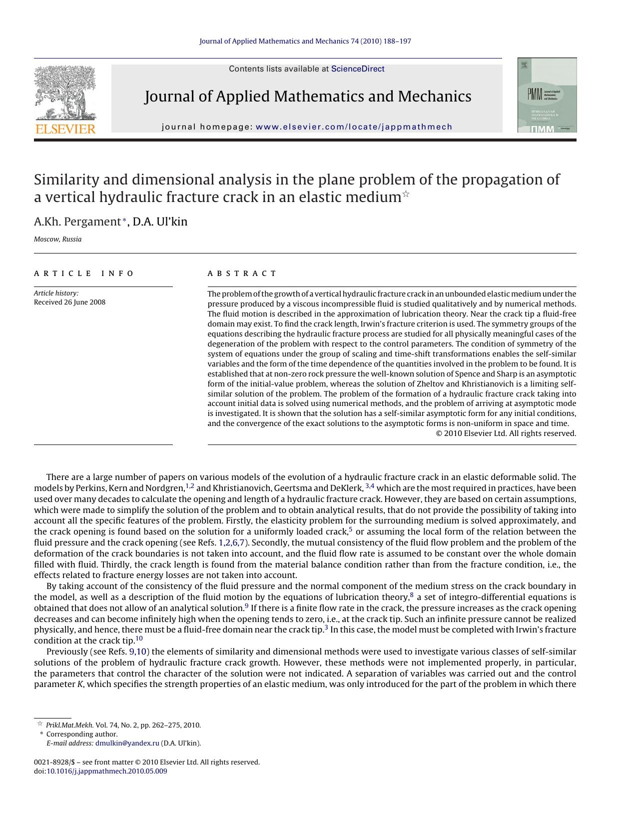 Similarity and dimensional analysis in the plane problem of the propagation of a vertical hydraulic fracture crack in an elastic medium by A.Kh. Pergament