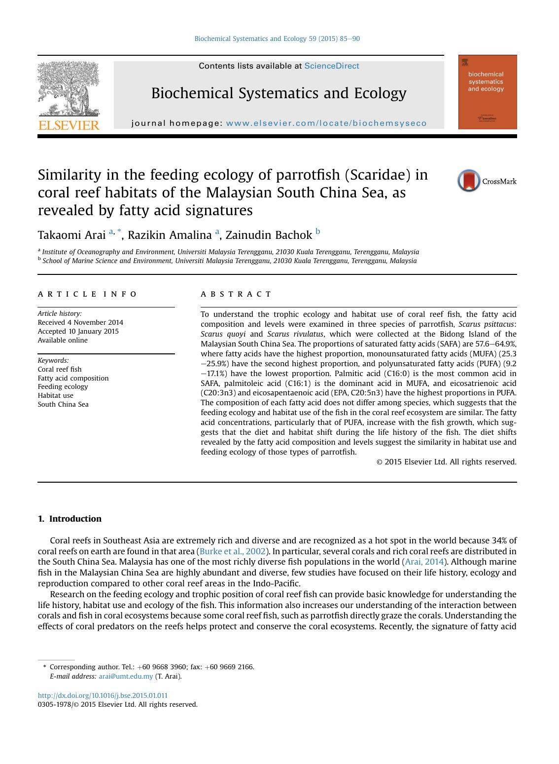 Similarity in the feeding ecology of parrotfish (Scaridae) in coral reef habitats of the Malaysian South China Sea, as revealed by fatty acid signatures by Takaomi Arai & Razikin Amalina & Zainudin Bachok