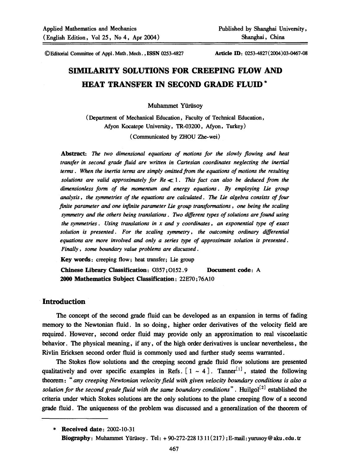 Similarity solutions for creeping flow and heat transfer in second grade fluid by Unknown