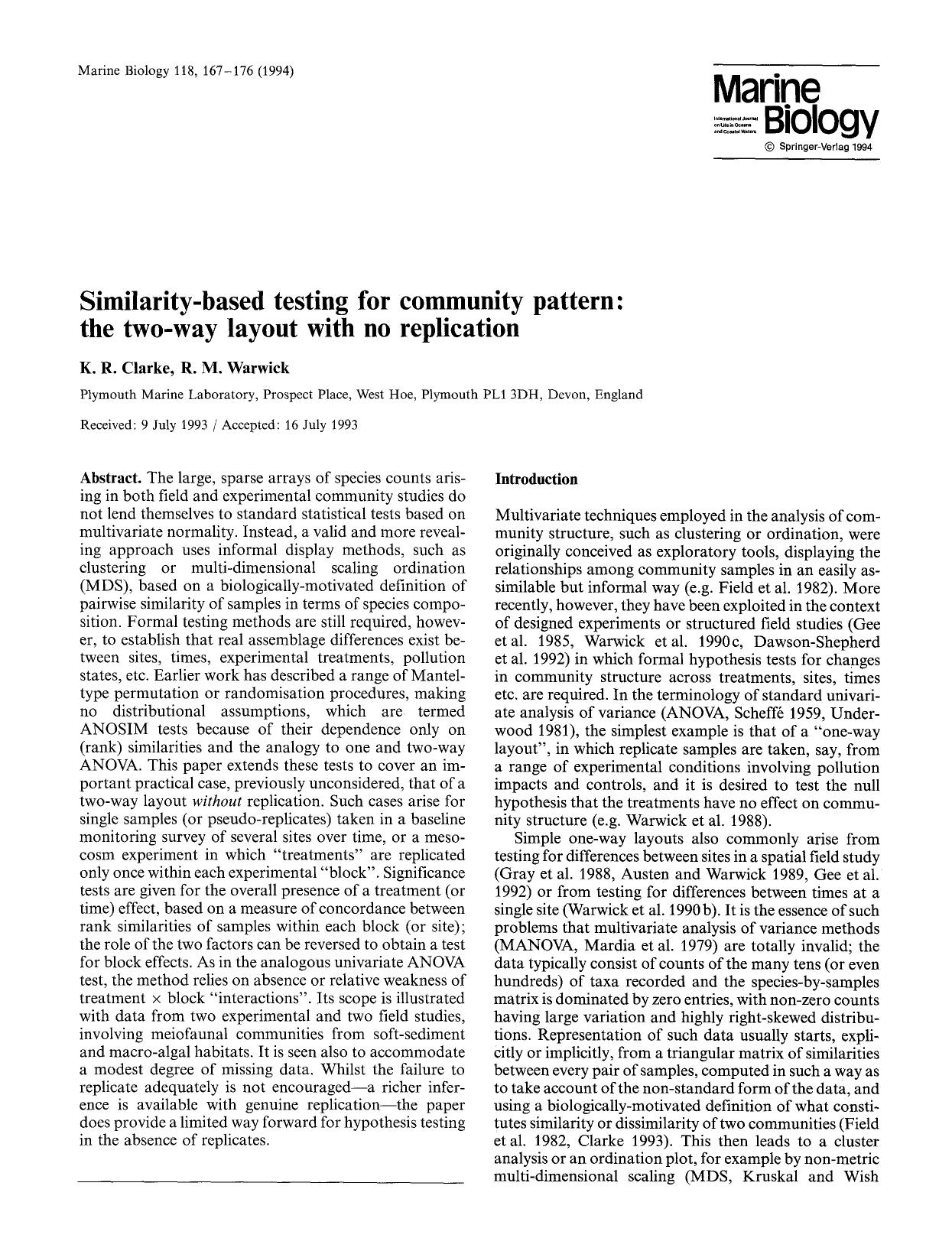 Similarity-based testing for community pattern: the two-way layout with no replication by Unknown