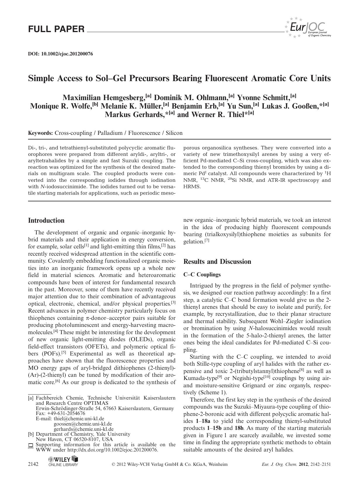 Simple Access to SolGel Precursors Bearing Fluorescent Aromatic Core Units by Unknown