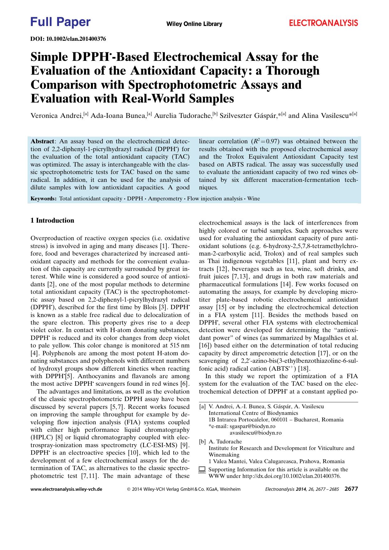 Simple DPPH.Based Electrochemical Assay for the Evaluation of the Antioxidant Capacity: a Thorough Comparison with Spectrophotometric Assays and Evaluation with RealWorld Samples by Unknown