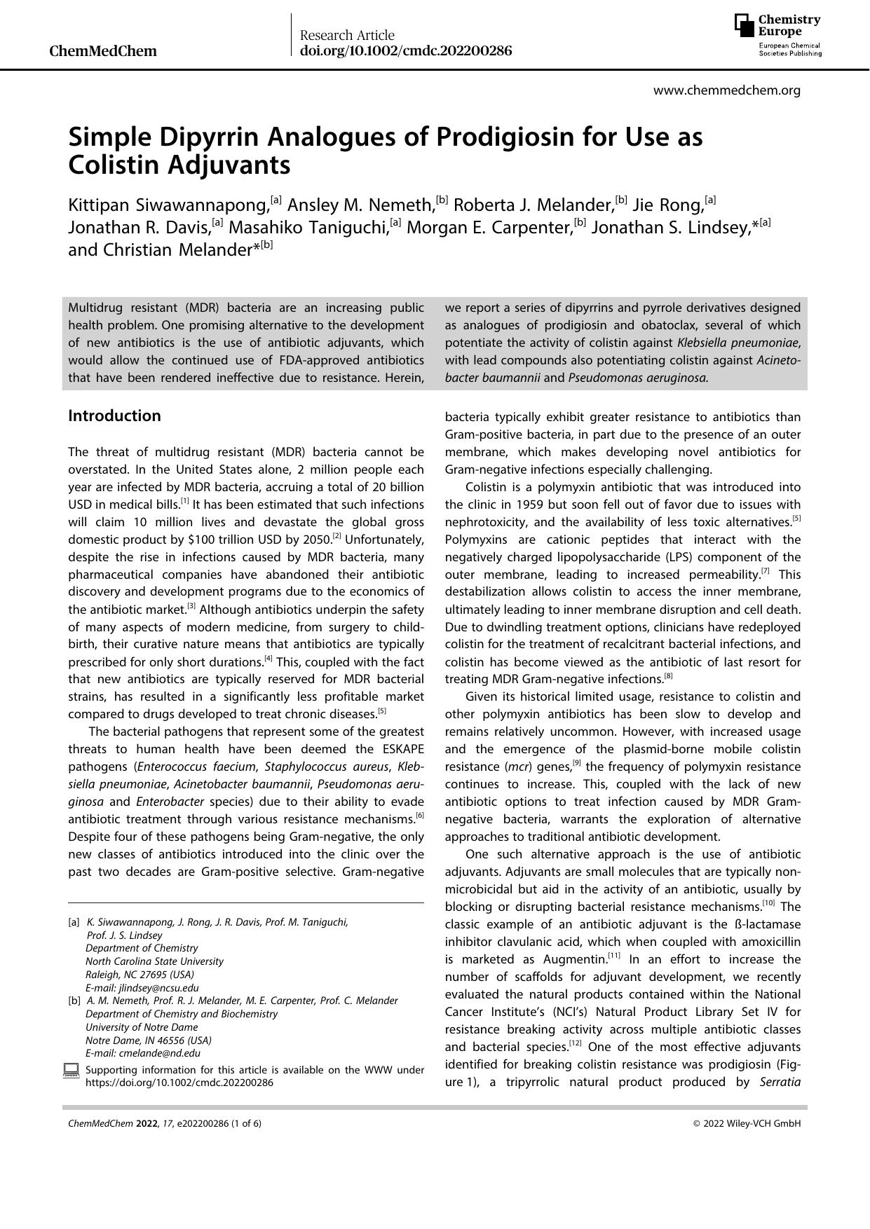 Simple Dipyrrin Analogues of Prodigiosin for Use as Colistin Adjuvants by Unknown