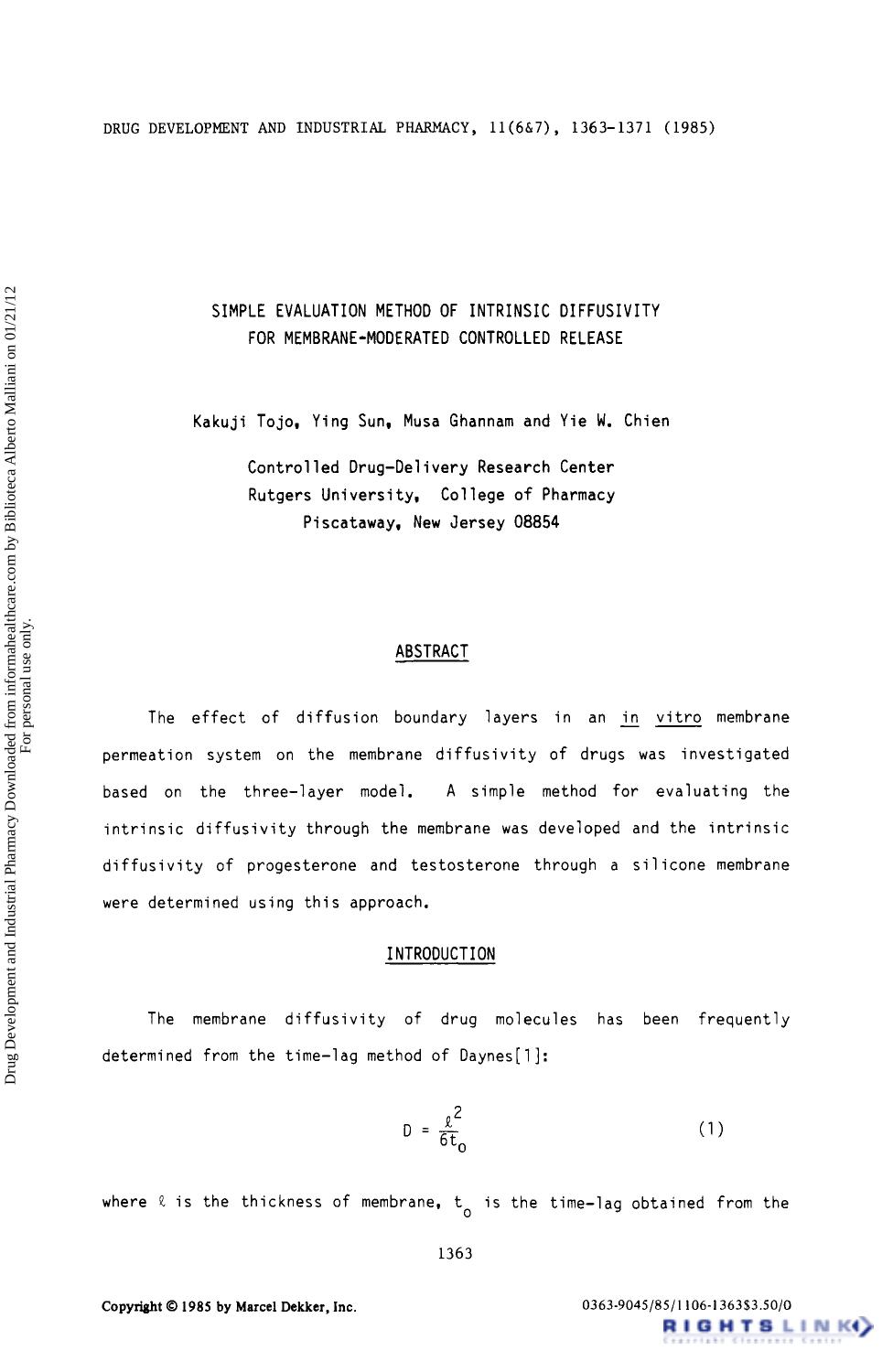 Simple Evaluation Method of Intrinsic Diffusivity for Membrane-Moderated Controlled Release by Kakuji Tojo Ying Sun Musa Ghannam & Yie W. Chien
