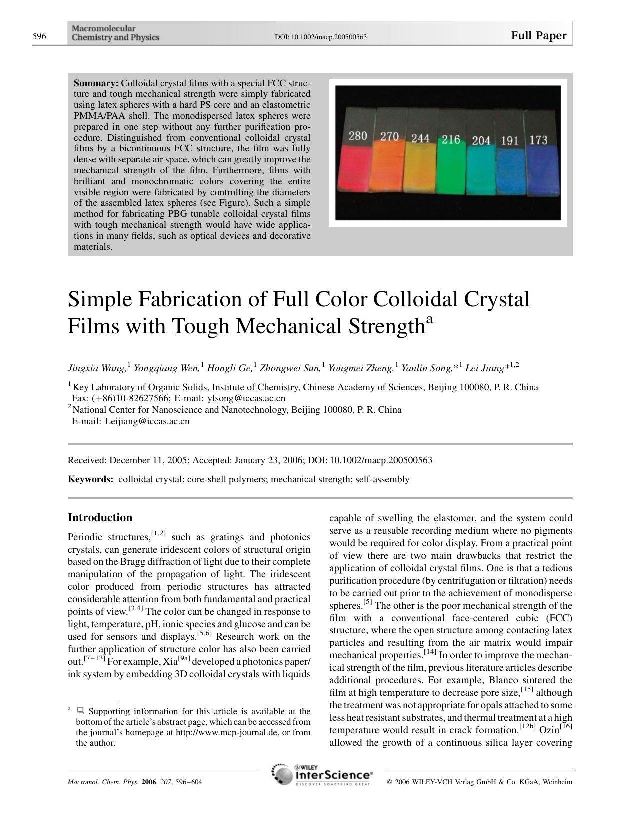 Simple Fabrication of Full Color Colloidal Crystal Films with Tough Mechanical Strength by unknow