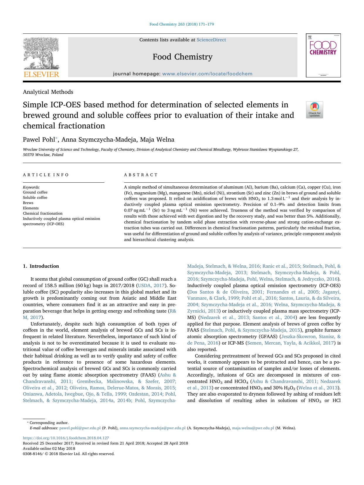 Simple ICP-OES based method for determination of selected elements in brewed ground and soluble coffees prior to evaluation of their intake and chemical fractionation by Pawel Pohl & Anna Szymczycha-Madeja & Maja Welna