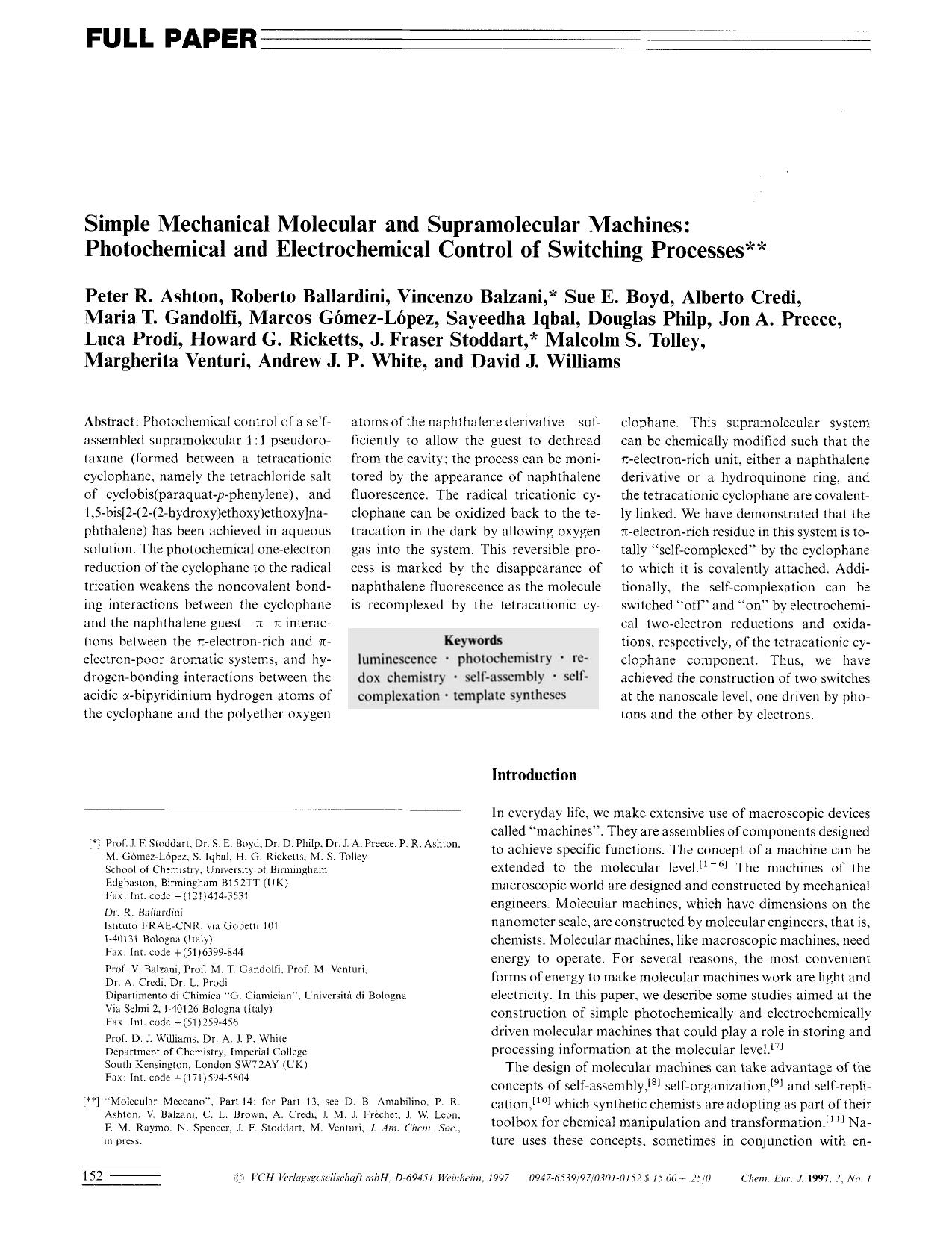 Simple Mechanical Molecular and Supramolecular Machines: Photochemical and Electrochemical Control of Switching Processes by Unknown