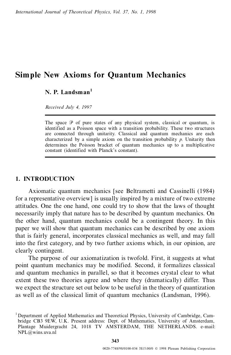 Simple New Axioms for Quantum Mechanics by Unknown