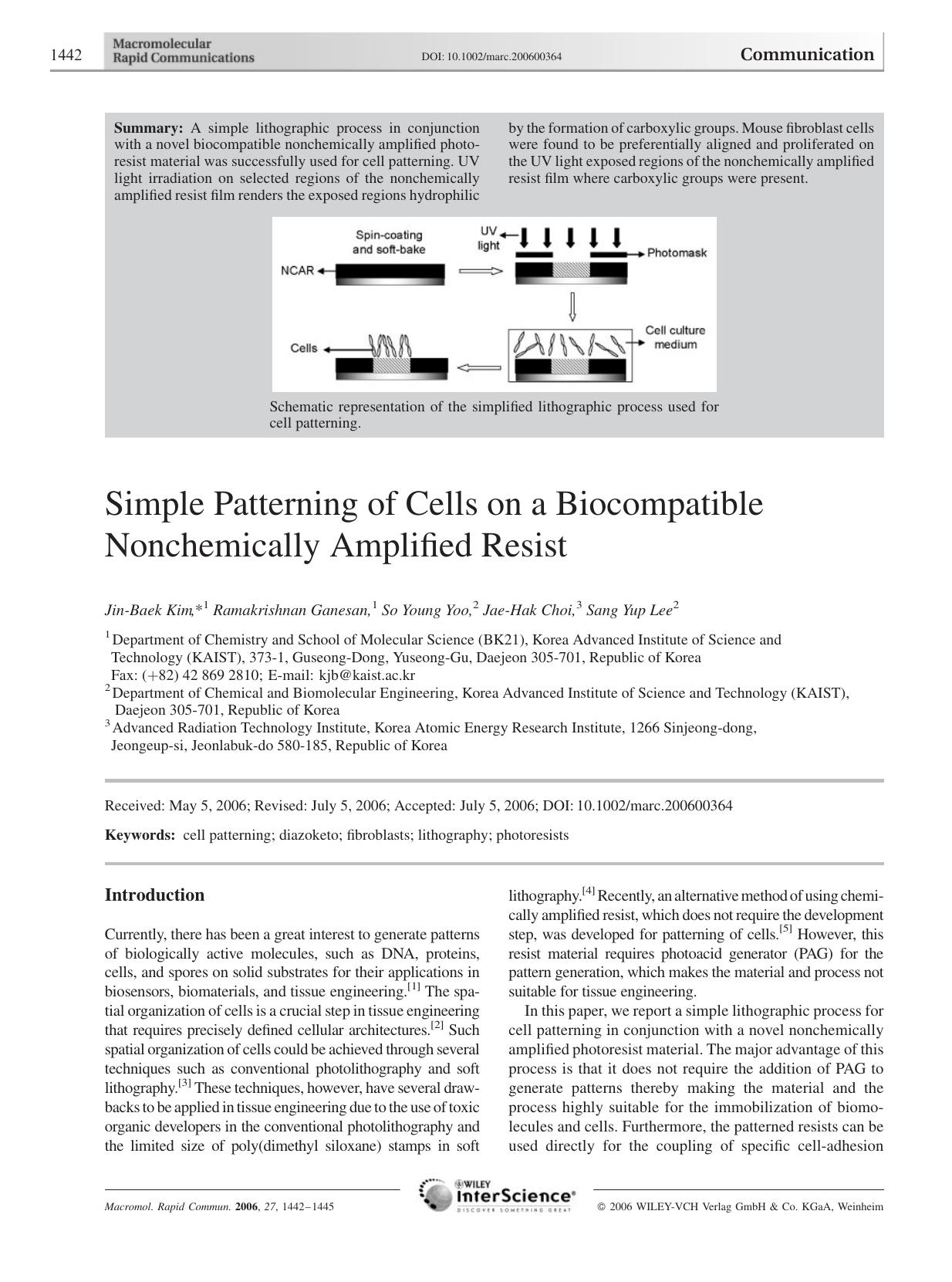 Simple Patterning of Cells on a Biocompatible Nonchemically Amplified Resist by Unknown