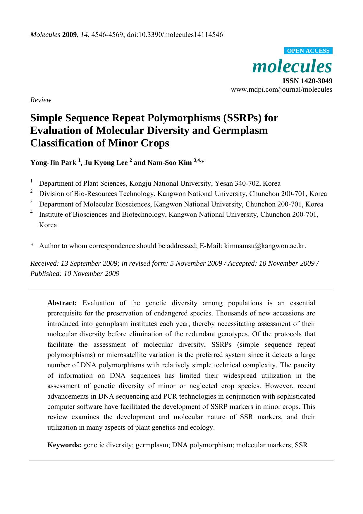 Simple Sequence Repeat Polymorphisms (SSRPs) for Evaluation of Molecular Diversity and Germplasm Classification of Minor Crops by Yong-Jin Park & Ju Kyong Lee & Nam-Soo Kim