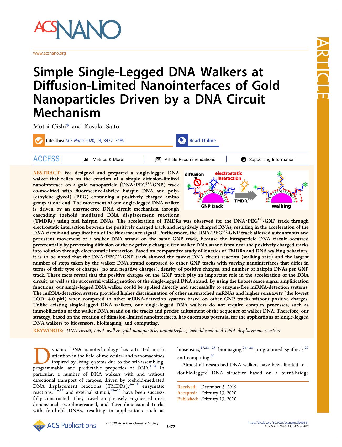 Simple Single-Legged DNA Walkers at Diffusion-Limited Nanointerfaces of Gold Nanoparticles Driven by a DNA Circuit Mechanism by Motoi Oishi and Kosuke Saito