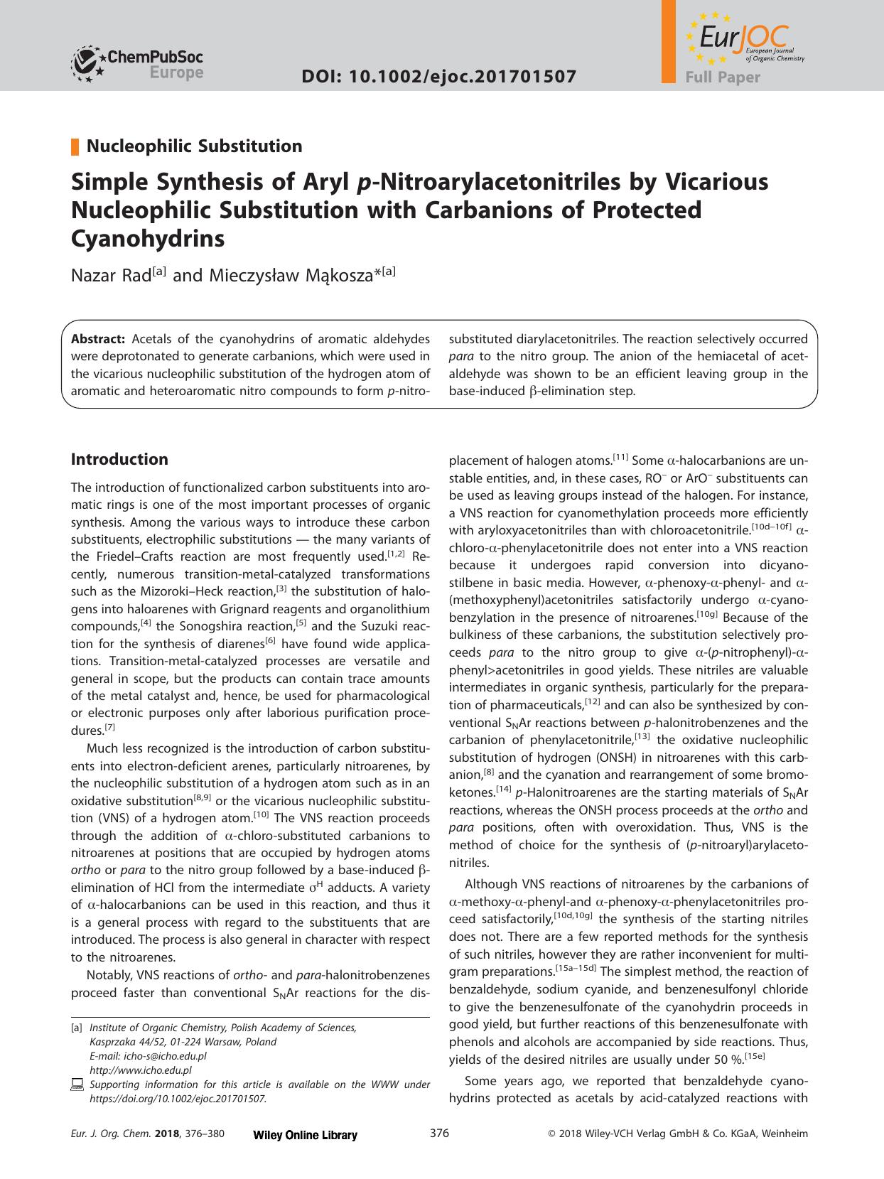 Simple Synthesis of Aryl <i>p<i>&#x02010;Nitroarylacetonitriles by Vicarious Nucleophilic Substitution with Carbanions of Protected Cyanohydrins by Unknown