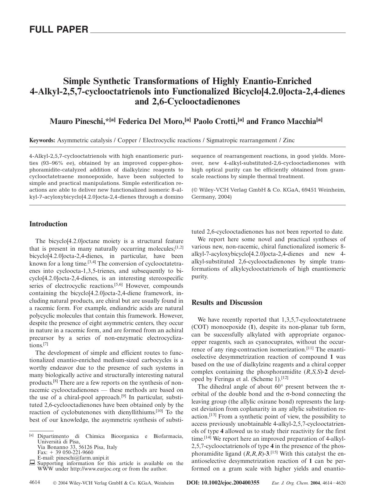 Simple Synthetic Transformations of Highly Enantio-Enriched 4-Alkyl-2,5,7-cyclooctatrienols into Functionalized Bicyclo[4.2.0]octa-2,4-dienes and 2,6-Cyclooctadienones by Unknown