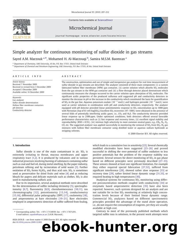Simple analyzer for continuous monitoring of sulfur dioxide in gas streams by Sayed A.M. Marzouk; Mohamed H. Al-Marzouqi; Samira M.S.M. Baomran