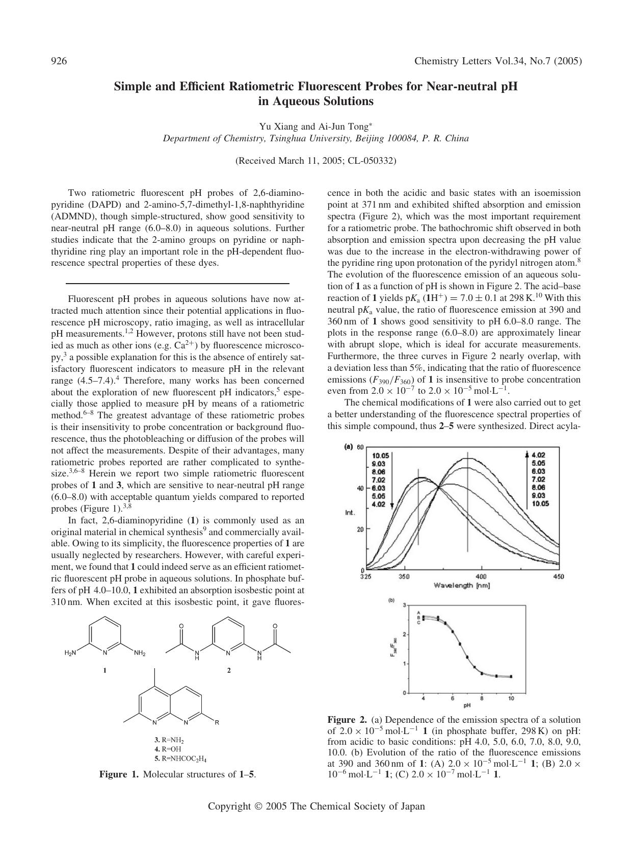 Simple and Efficient Ratiometric Fluorescent Probes for Near-neutral pH in Aqueous Solutions by Yu Xiang and Ai-Jun Tong