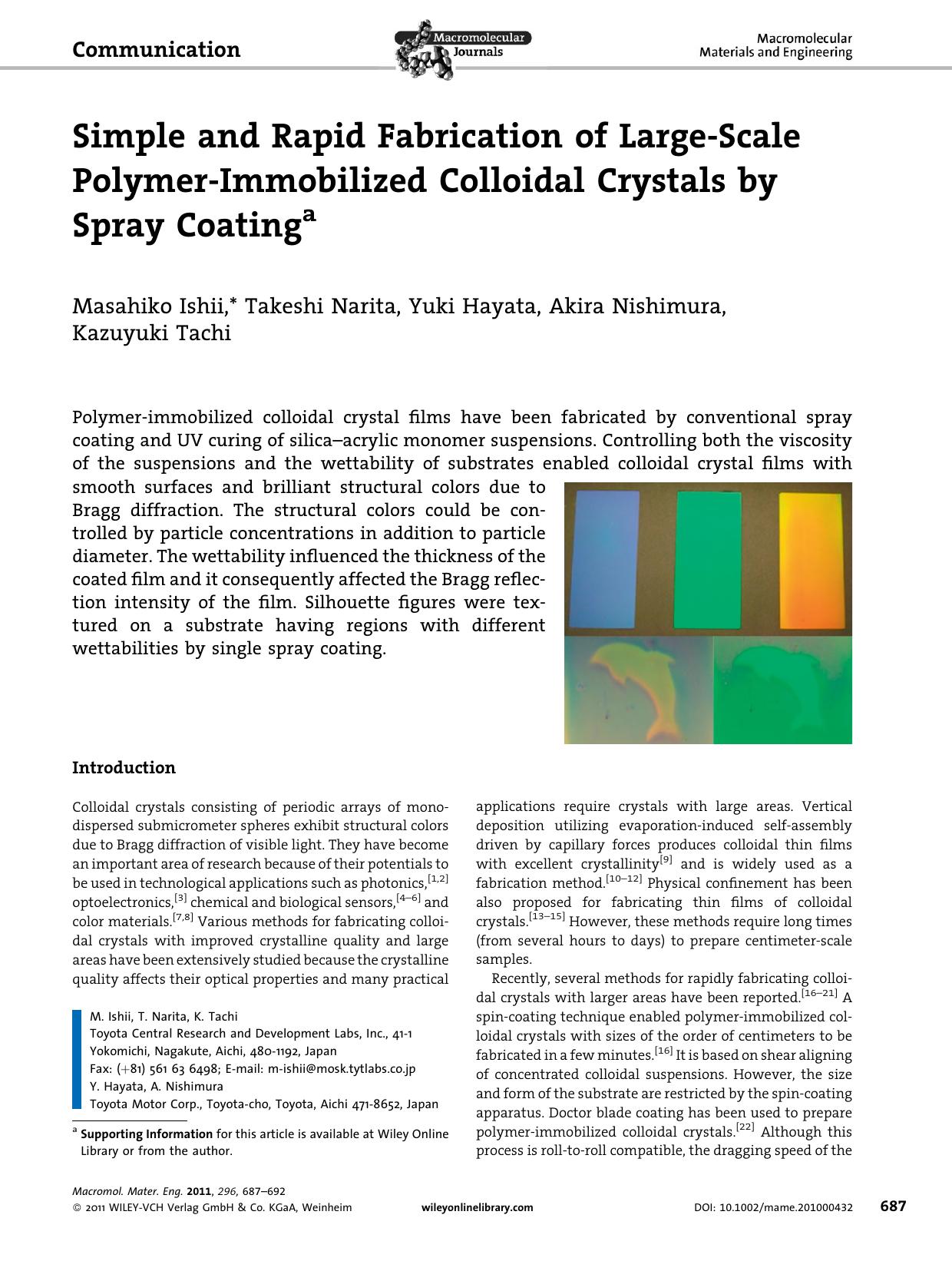 Simple and Rapid Fabrication of LargeScale PolymerImmobilized Colloidal Crystals by Spray Coating by Unknown