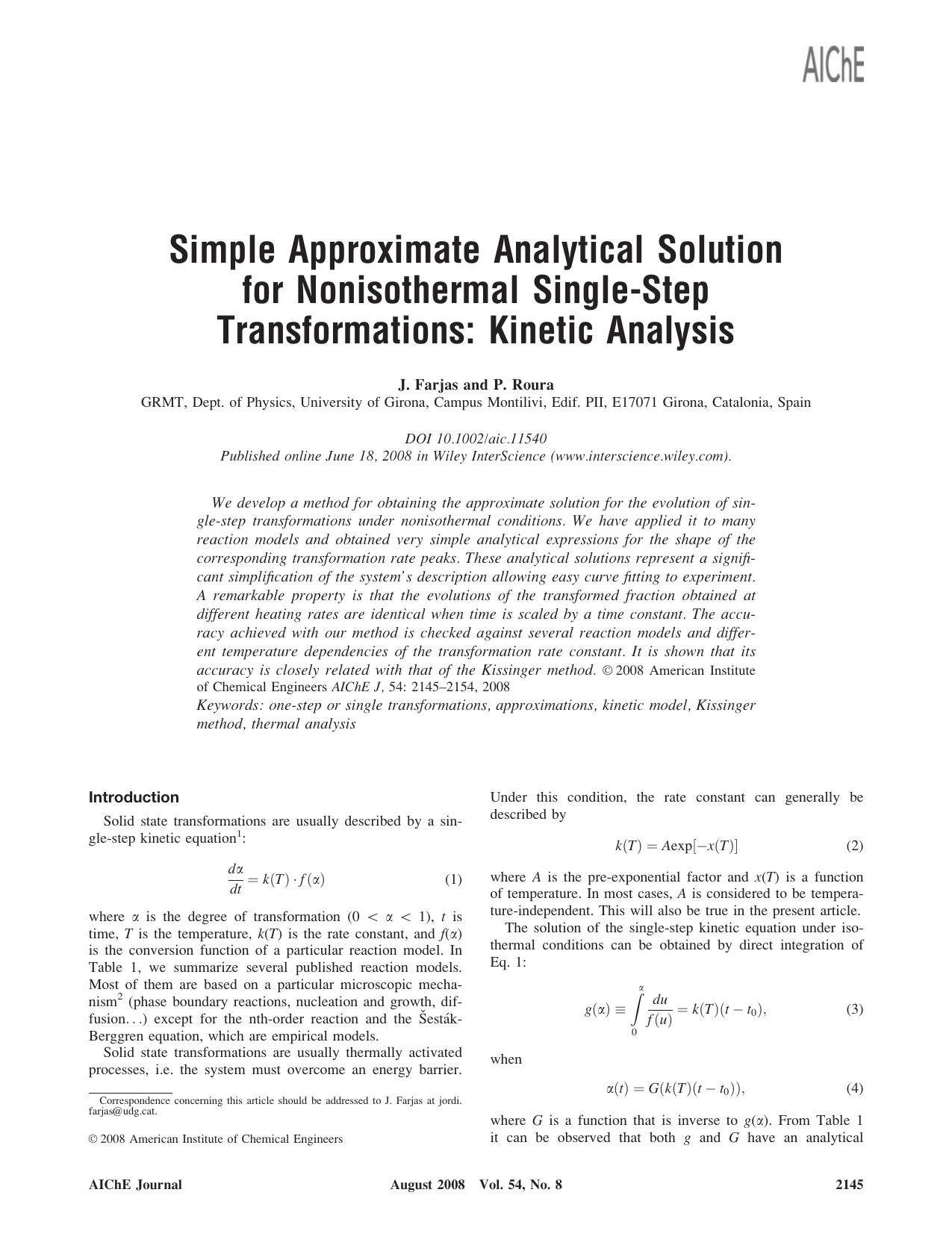 Simple approximate analytical solution for nonisothermal single-step transformations: Kinetic analysis by Unknown