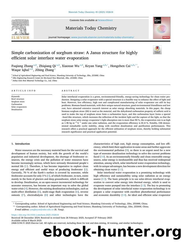 Simple carbonization of sorghum straw: A Janus structure for highly efficient solar interface water evaporation by Fuqiang Zhang & Zhiqiang Qi & Xiaoxue Wu & Keyan Yang & Hongzhen Cai & Waqar Iqbal & Jibing Zhang