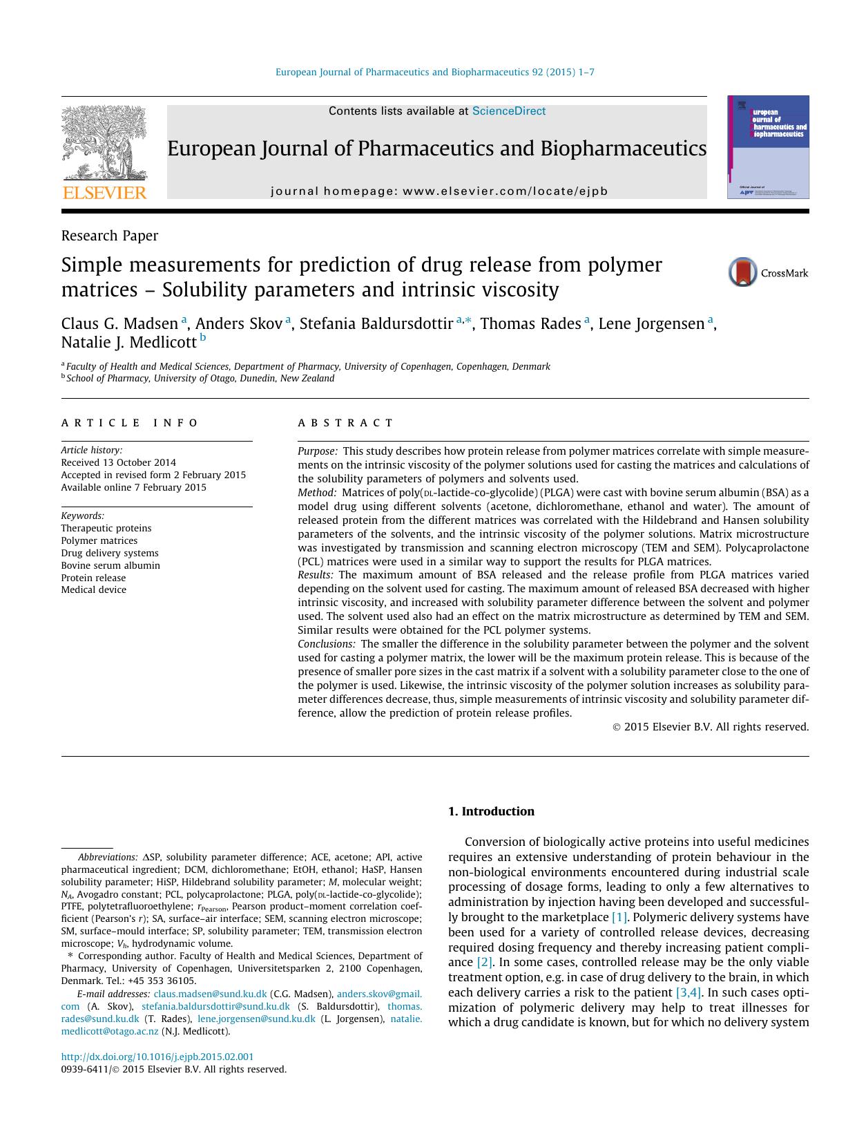 Simple measurements for prediction of drug release from polymer matrices â Solubility parameters and intrinsic viscosity by unknow