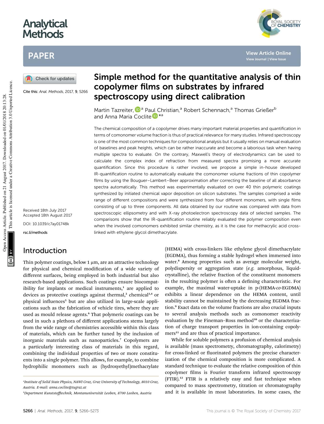 Simple method for the quantitative analysis of thin copolymer films on substrates by infrared spectroscopy using direct calibration by Martin Tazreiter & Paul Christian & Robert Schennach & Thomas Grießer & Anna Maria Coclite