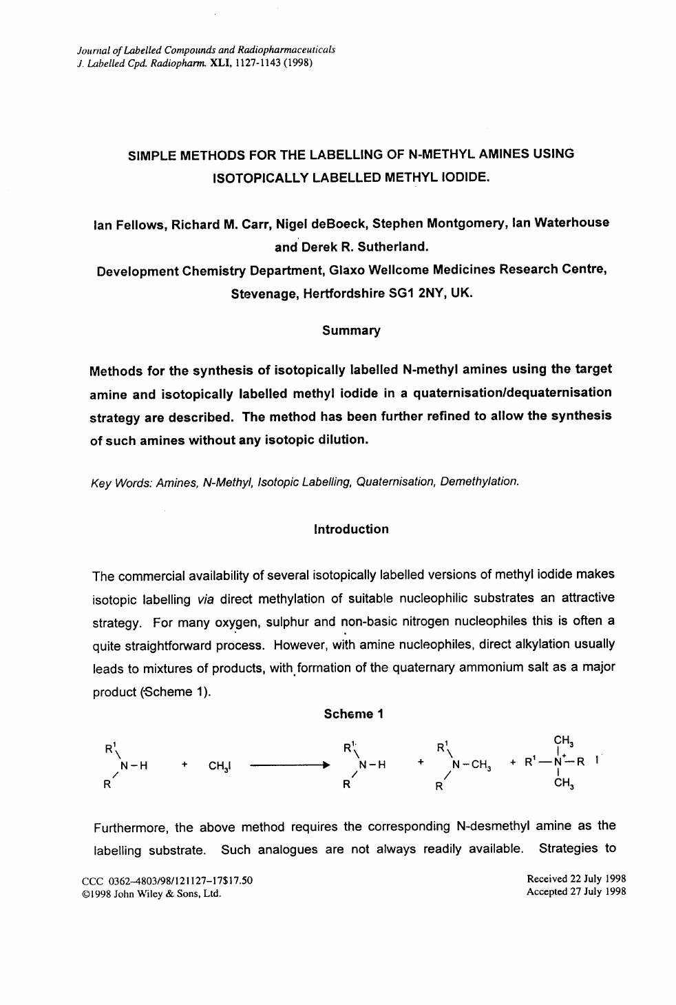 Simple methods for the labelling of N-methyl amines using isotopically labelled methyl iodide by Unknown