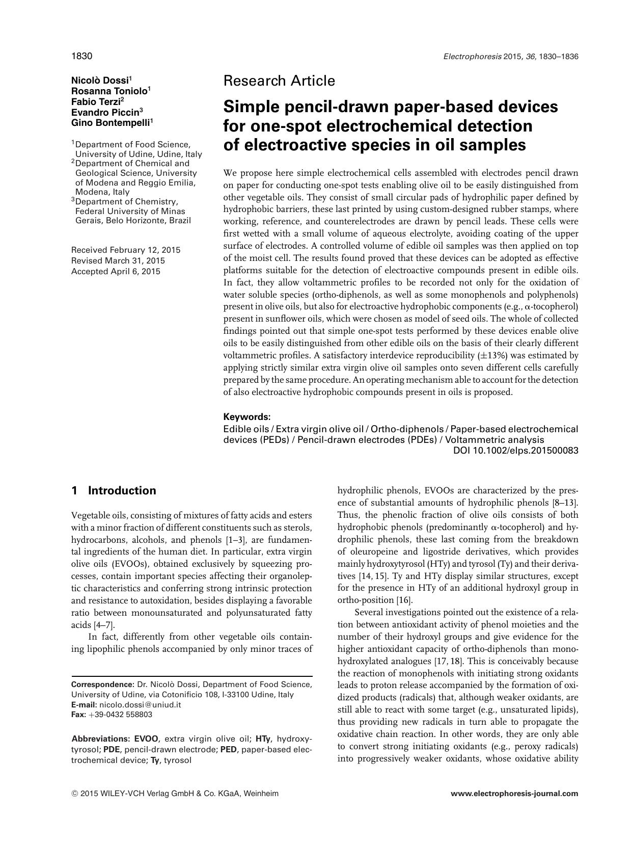 Simple pencil‐drawn paper‐based devices for one‐spot electrochemical detection of electroactive species in oil samples by Unknown