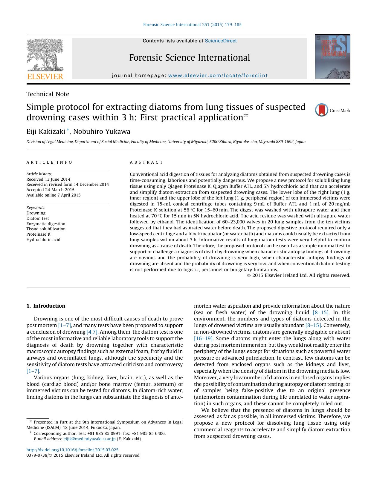 Simple protocol for extracting diatoms from lung tissues of suspected drowning cases within 3h: First practical application by Eiji Kakizaki & Nobuhiro Yukawa