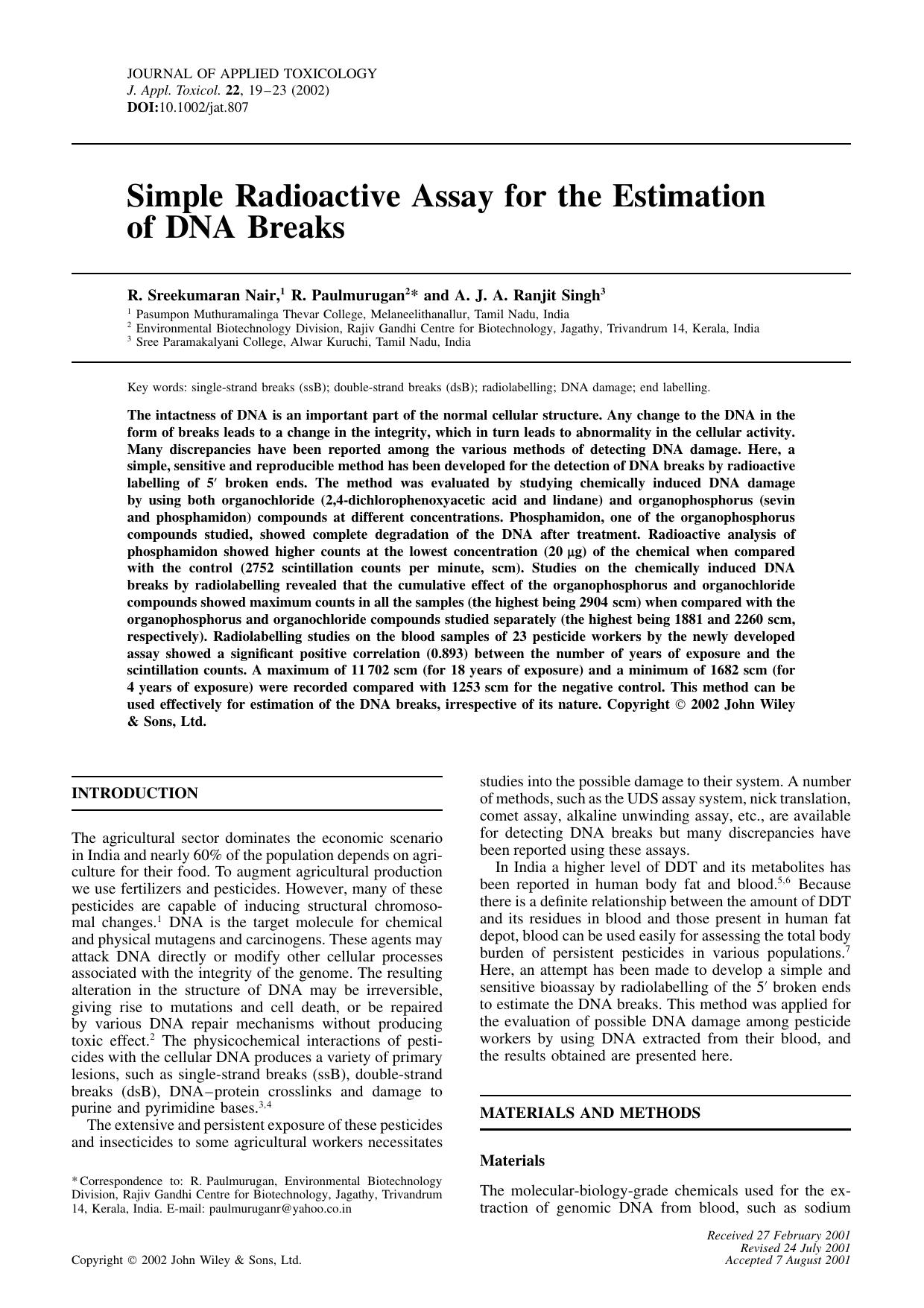 Simple radioactive assay for the estimation of DNA breaks by Unknown