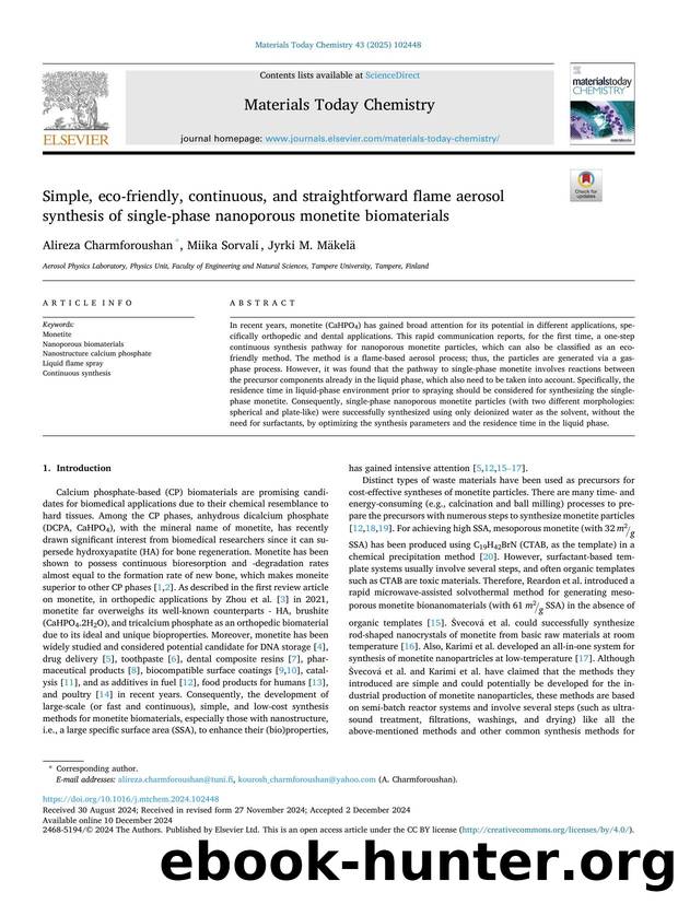 Simple, eco-friendly, continuous, and straightforward flame aerosol synthesis of single-phase nanoporous monetite biomaterials by Alireza Charmforoushan & Miika Sorvali & Jyrki M. Mäkelä